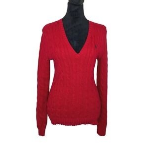 Ralph Lauren Sport Vintage V-neck Cable Knit Sweater Red Women's Medium Preppy